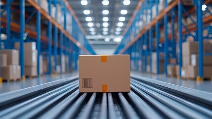 Poster - Automated Logistics: Cardboard boxes move through a cutting-edge facility, representing efficiency and contemporary manufacturing in the era of automation.