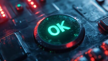 Poster - Illuminated OK green button on a circuit board surrounded by red lights in a dark environment showcasing technology