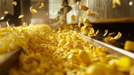 Leinwandbilder - Citrus peels cascade down a conveyor belt in a busy juice production area, revealing the colorful byproduct of juice making. Sunlight streams in, highlighting the freshness and activity.