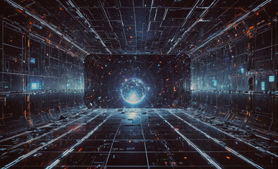 Poster - large room with a glowing ball in the center. the ball is surrounded by a lot of lights
