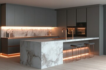 A minimalist kitchen with soft gray cabinets, glowing under-cabinet lighting, and a large marble island, complemented by copper hardware and integrated seating.