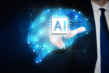 Poster - Artificial intelligence. Businessman touching virtual brain with AI chip dark background, closeup