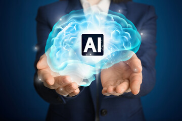 Poster - Artificial intelligence. Businesswoman holding virtual brain with AI abbreviation on dark blue background, closeup