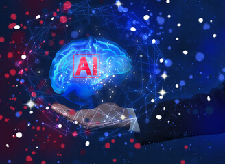 Poster - Artificial intelligence. Businessman holding virtual brain with AI abbreviation on blue background, closeup
