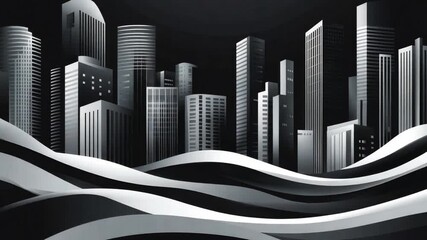 Poster - Abstract cityscape design featuring flowing waves in black and white color palette with intricate shapes and structures