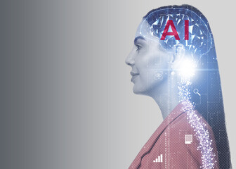 Poster - Artificial intelligence. Double exposure of woman and brain with spine on grey background. Space for text