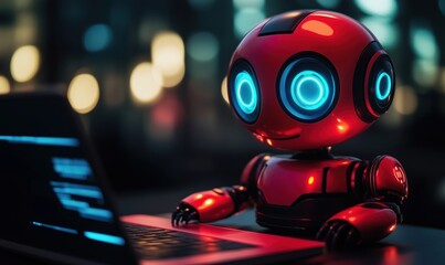Poster - Robot with glowing eyes at laptop, futuristic design, vibrant colors, technology theme