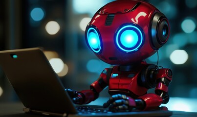 Poster - robot typing on laptop, futuristic design, glowing blue eyes, modern technology, urban background, n