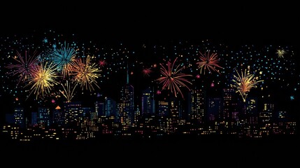 Poster - Colorful fireworks light up the night sky above a shimmering city skyline, creating a festive atmosphere and showcasing architectural beauty. Generative AI