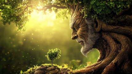 Poster - Ancient Tree Ent Guardian Protects Young Sapling
