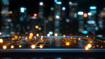 Poster - A futuristic digital interface glowing with golden circuits, set against a blurred cityscape at night, representing advanced technology and connectivity.