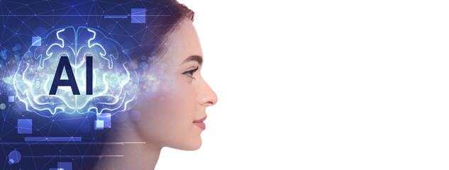 Poster - Artificial intelligence. Double exposure of woman and scheme with brain on white background. Banner design with space for text