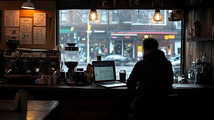 Poster - Man works on laptop in coffee shop window.