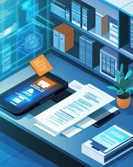 Poster - Stylish office desk scene with digital technology and organized paperwork, featuring a tablet and a potted plant.
