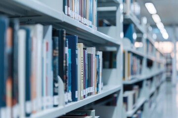 Wall Mural - Blurred modern white bookshelves with books in library. Education concept.