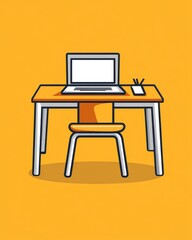Poster - A minimalist workspace featuring a laptop on a light wooden table with a chair, set against a vibrant yellow background.