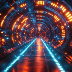 Poster - Futuristic tunnel journey cyber city digital art neon environment dynamic perspective sci-fi concept for seo impact