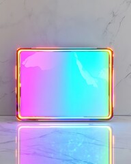 Poster - A vibrant neon-hued display with a glossy finish, reflecting colorful light on a marble surface.