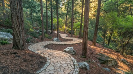Poster - Winding Stone Path Through a Majestic Forest