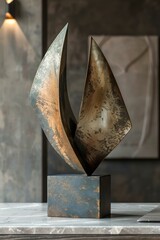 Poster - Abstract bronze sculpture on a base. AI.