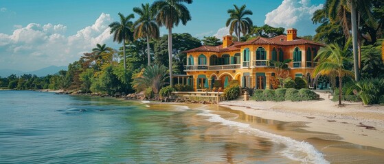 Canvas Print - Coastal house with palm trees and a sandy beach. AI.