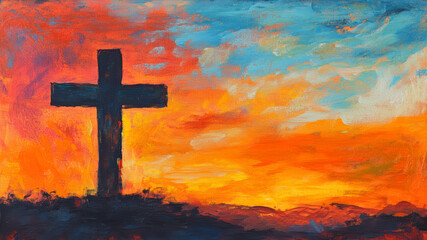 Inspiring Cross Silhouette Displays Hope Against a Vibrant Sunset Sky Painted in Stunning Colors