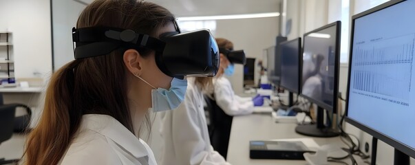 Poster - A woman wearing a virtual reality headset in a laboratory setting, engaged in advanced research and technology.