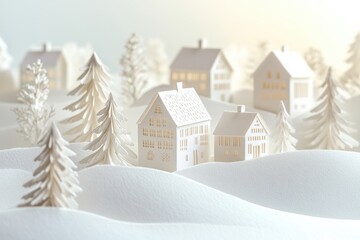 Poster - A charming display features intricately cut paper buildings and trees, creating a serene winter village, perfect for holiday celebrations. Generative AI