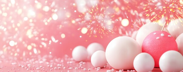 Poster - A festive scene with colorful spheres and sparkling lights on a soft pink background, perfect for celebrations and joyful moments.