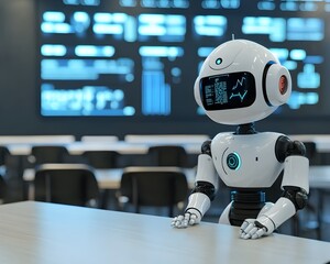 Poster - A futuristic robot with a digital display, sitting at a table in a modern workspace, showcasing advancements in AI technology.