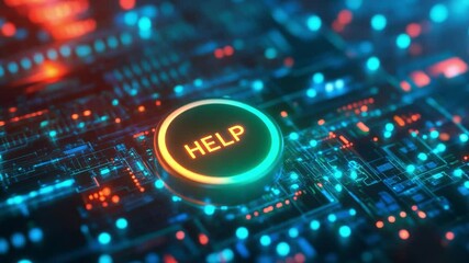 Poster - Vibrant abstract digital composition showcasing a glowing help button surrounded by intricate circuitry