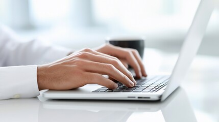 Poster - Close-up of hands typing on laptop keyboard.