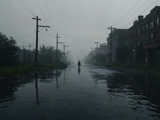 Wall Mural - Lone figure in a flooded, overgrown city, shrouded in fog.