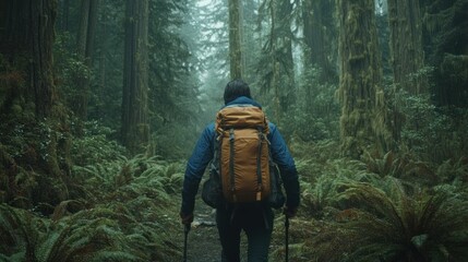 Poster - Hiker Walks Through Misty Forest Trail