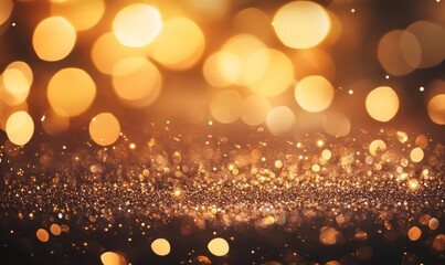 Golden glitter in focus with bright bokeh lights creating a luxurious and festive texture. Holiday celebration or luxury event concept