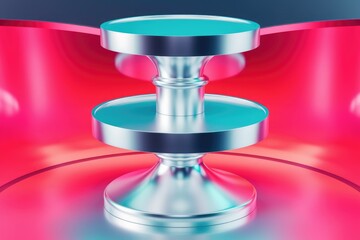 Poster - A two tiered metallic stand with cyan tops  set against a vibrant pink backdrop