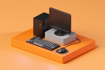 Poster - A minimalist computer setup with a black CPU  monitor  keyboard  and mouse on an orange surface
