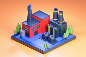 Poster - Factory isometric illustration with chimneys  buildings  trees. Industrial production.
