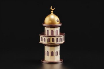Aufkleber - 3D render of a minaret  a slender tower of a mosque  with a golden dome and crescent moon