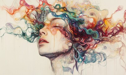 Wall Mural - A creative, abstract representation of a woman's face with flowing, multicolored waves emanating from her head, resembling a fusion of art and nature