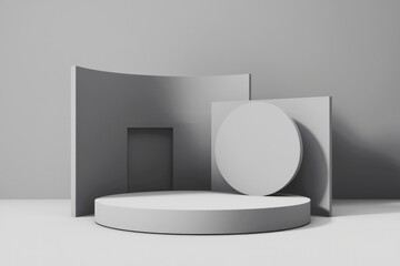 Fototapete - Minimalist grey geometric shapes compose a modern product display platform