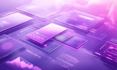 Poster - Futuristic digital interface design showcasing data visualization, graphs, and charts in vibrant purple hues. Sleek devices display interactive elements and analytics.