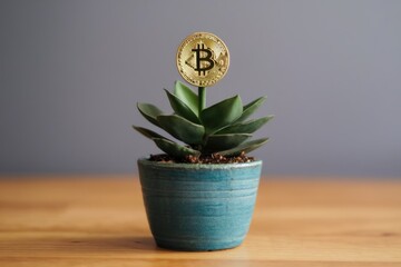 Poster - A bitcoin coin placed on a small green succulent plant in a teal pot