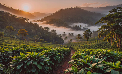 Poster - Mountain range with a foggy mist in the background. The sun is setting in the distance