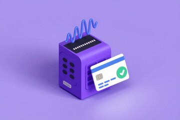 Poster - 3D render of secure online payment transaction with credit card and purple device
