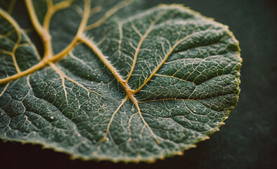 Poster - Leaf with a brown tip. The leaf is green and has a brown tip. The leaf is on a black surface