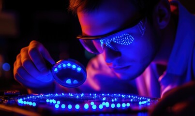 Poster - Technician examining circuit board with magnifying glass, blue LED lights illuminating components, focused expression, high-tech environment