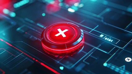 Poster - Abstract digital interface with glowing red cancel button on intricate circuit design and futuristic background