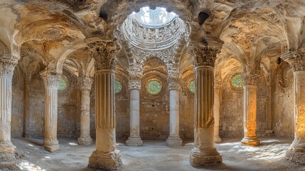 Sunlit interior of ancient, ruined stone building with columns and dome.