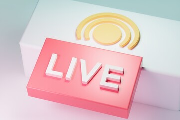 Poster - A 3D render of a pink 'LIVE' button with a yellow sun icon  indicating a live stream